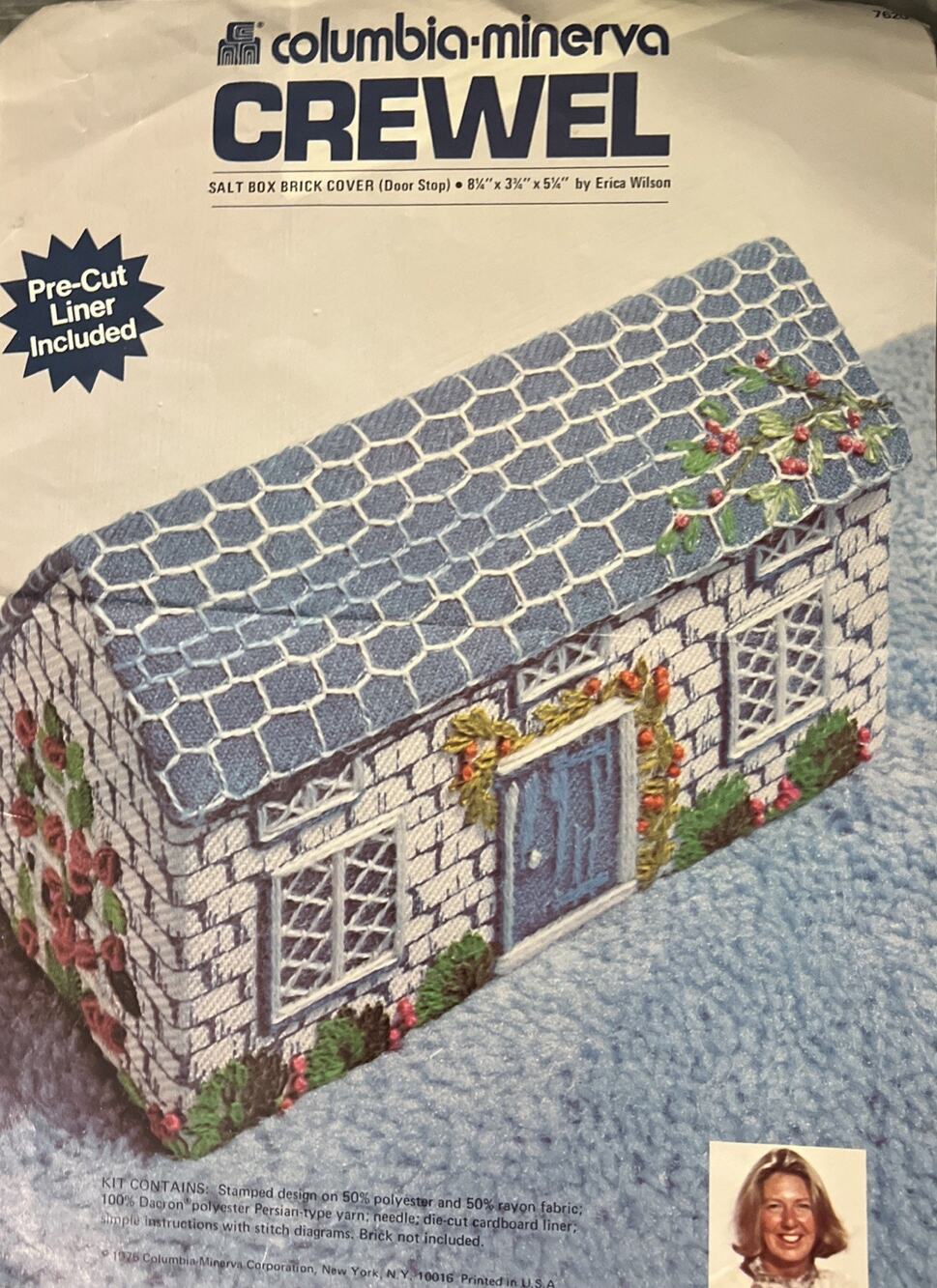 Erica Wilson Salt Box Doorstop Crewel Kit Vintage Crewel House Cover 1975